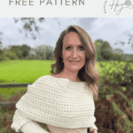 A woman stands outdoors wearing a crocheted sweater scarf with sleeves. Text reads "crochet sweater scarf pattern free" and features a Hannah Crochet logo.