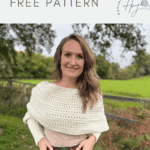 A woman stands outdoors wearing a cream-colored wrap crochet sweater, with text above reading "wrap crochet sweater scarf pattern FREE" and a yarn logo on the right.
