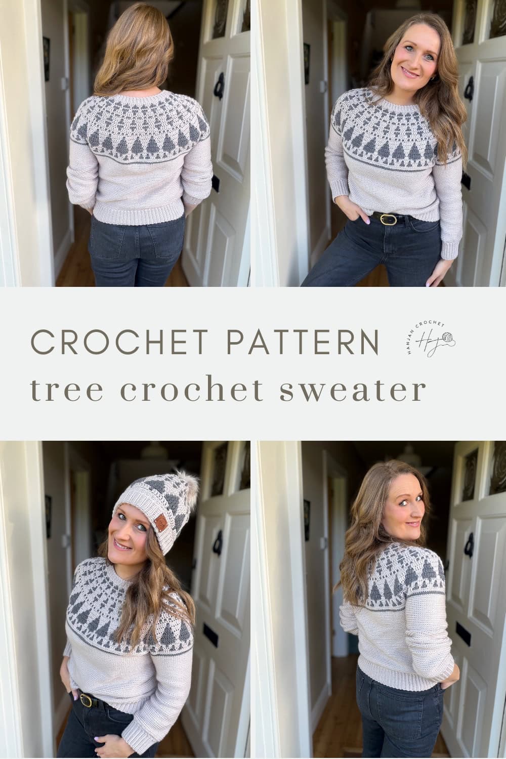 Four photos of a woman modeling a light-colored crochet Christmas sweater pattern with a tree design, plus one matching hat, displayed above the text "crochet pattern, tree crochet sweater.
