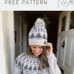 A woman stands in a doorway wearing a matching crocheted hat and sweater, both featuring a festive Christmas tree pattern; text reads "Christmas tree crochet hat pattern FREE PATTERN.