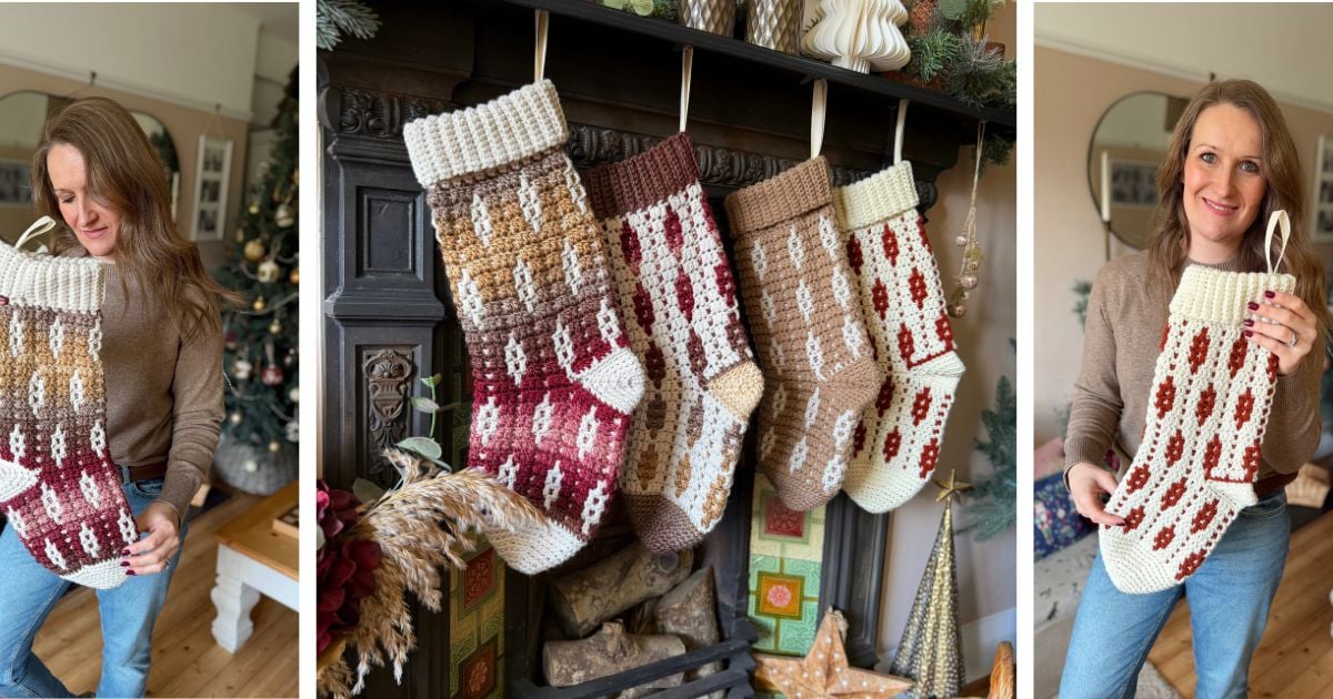 A woman holds a large crocheted Christmas stocking; four similar stockings hang from a fireplace mantel, showcasing her skill in how to crochet a Christmas stocking, with a decorated Christmas tree glowing in the background.