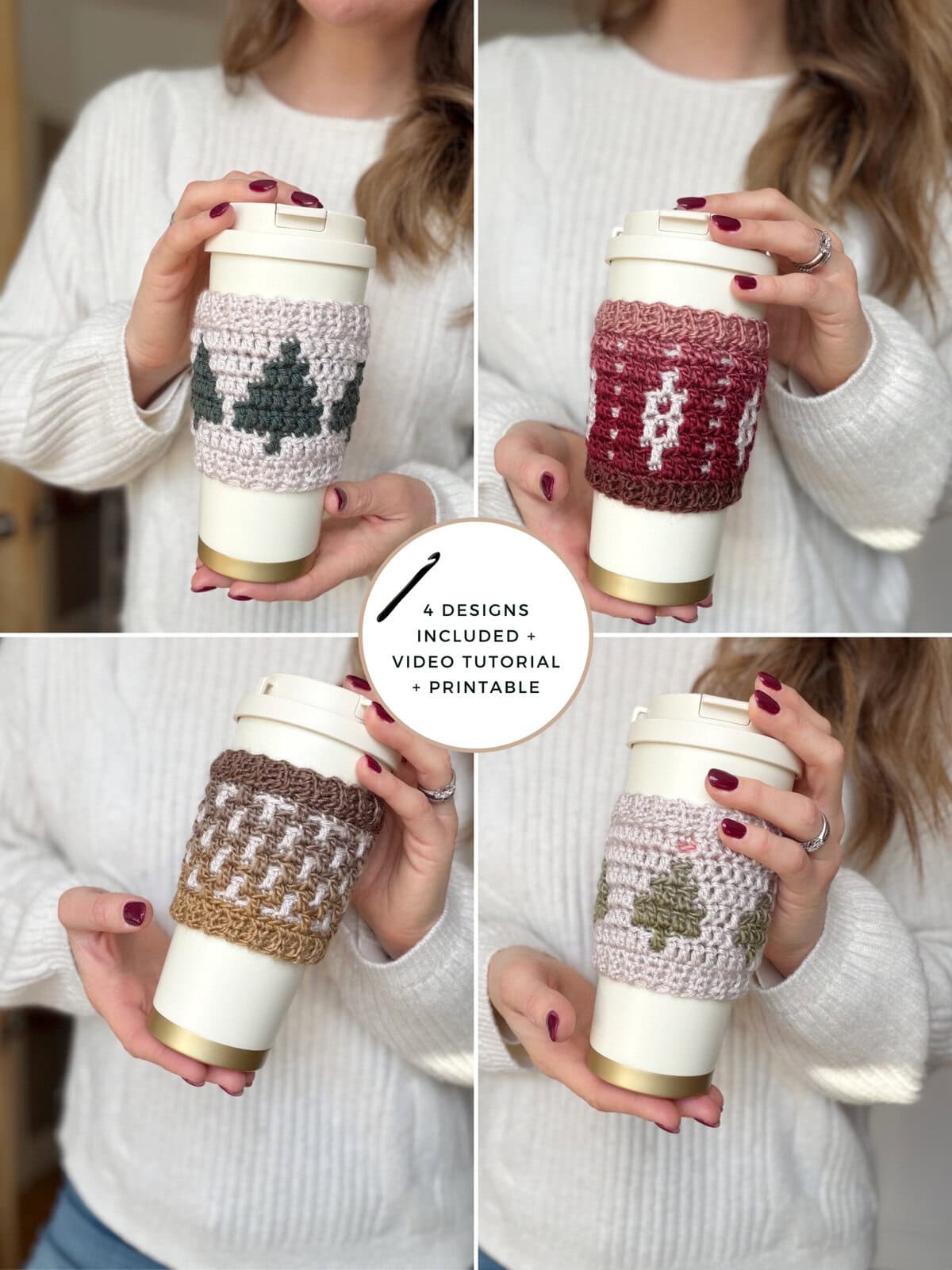 A woman holds a reusable coffee cup in four images, each with a different Crochet Coffee Sleeve Pattern showcasing various colors and designs.