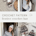 Collage showing a woman wearing a gray festive crochet hat with a faux fur pompom, alongside two similar handmade hats with winter patterns placed on a table. Text reads "Crochet Pattern: Christmas Tree Crochet Hat Pattern.