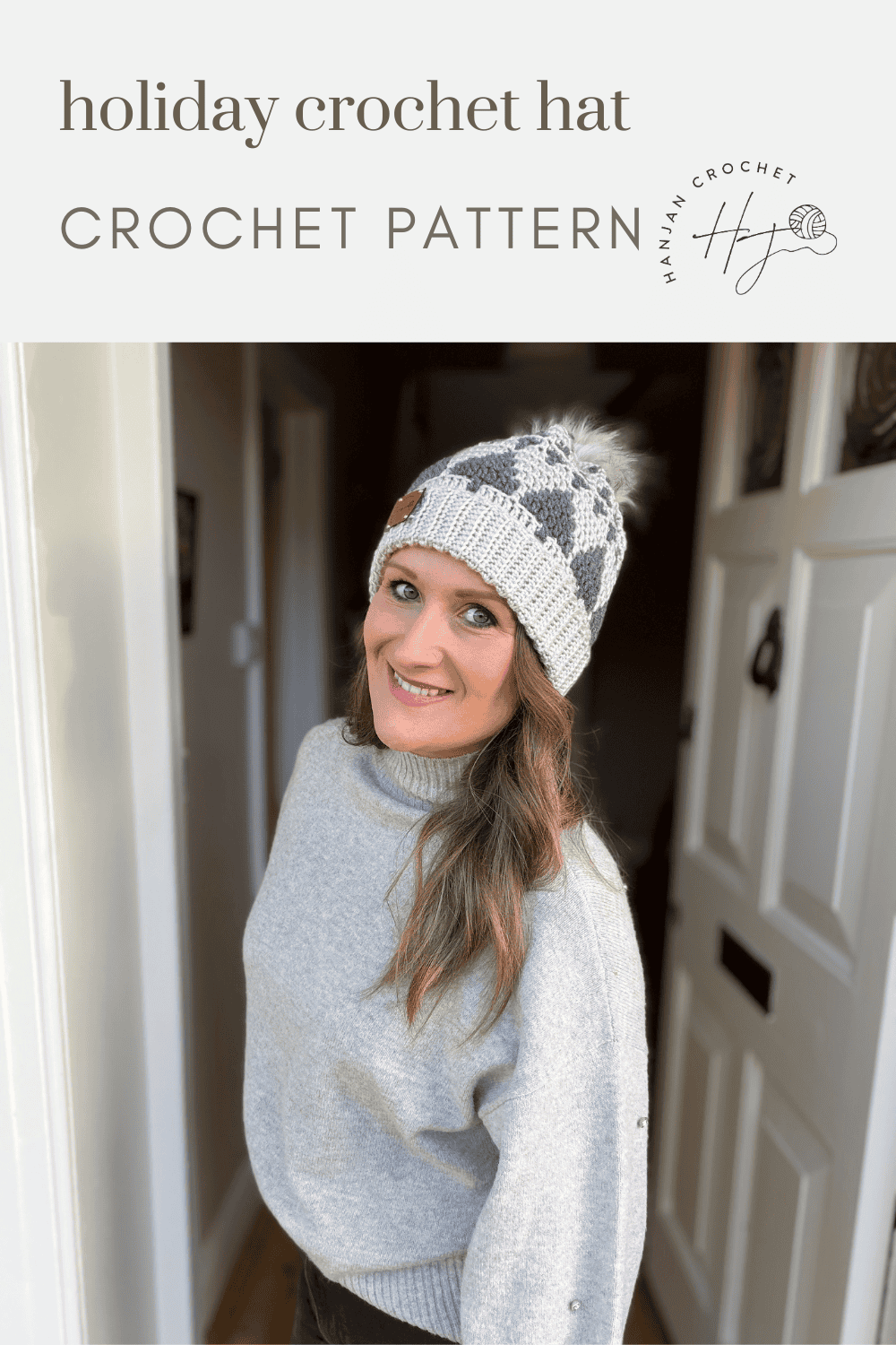 A woman wearing a hat and sweater shows off her festive style with a cozy christmas tree crochet hat pattern.