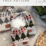Three crocheted hats feature festive designs, including a christmas tree crochet hat pattern and snowflake motifs in red, green, gray, and yellow tonesโone topped with a white pompomโall displayed on a neutral background.