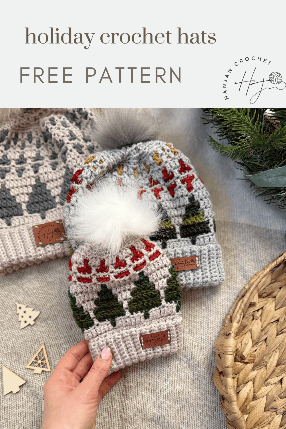 Three crocheted hats feature festive designs, including a christmas tree crochet hat pattern and snowflake motifs in red, green, gray, and yellow tones—one topped with a white pompom—all displayed on a neutral background.