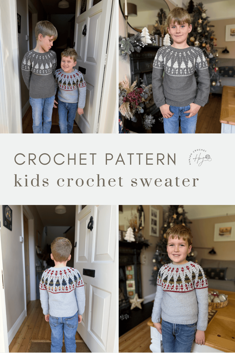Four images show two young boys wearing grey crochet Christmas sweaters with tree and geometric patterns, standing indoors near a Christmas tree and in a hallway. Text reads: "Crochet Pattern kids crochet sweater.