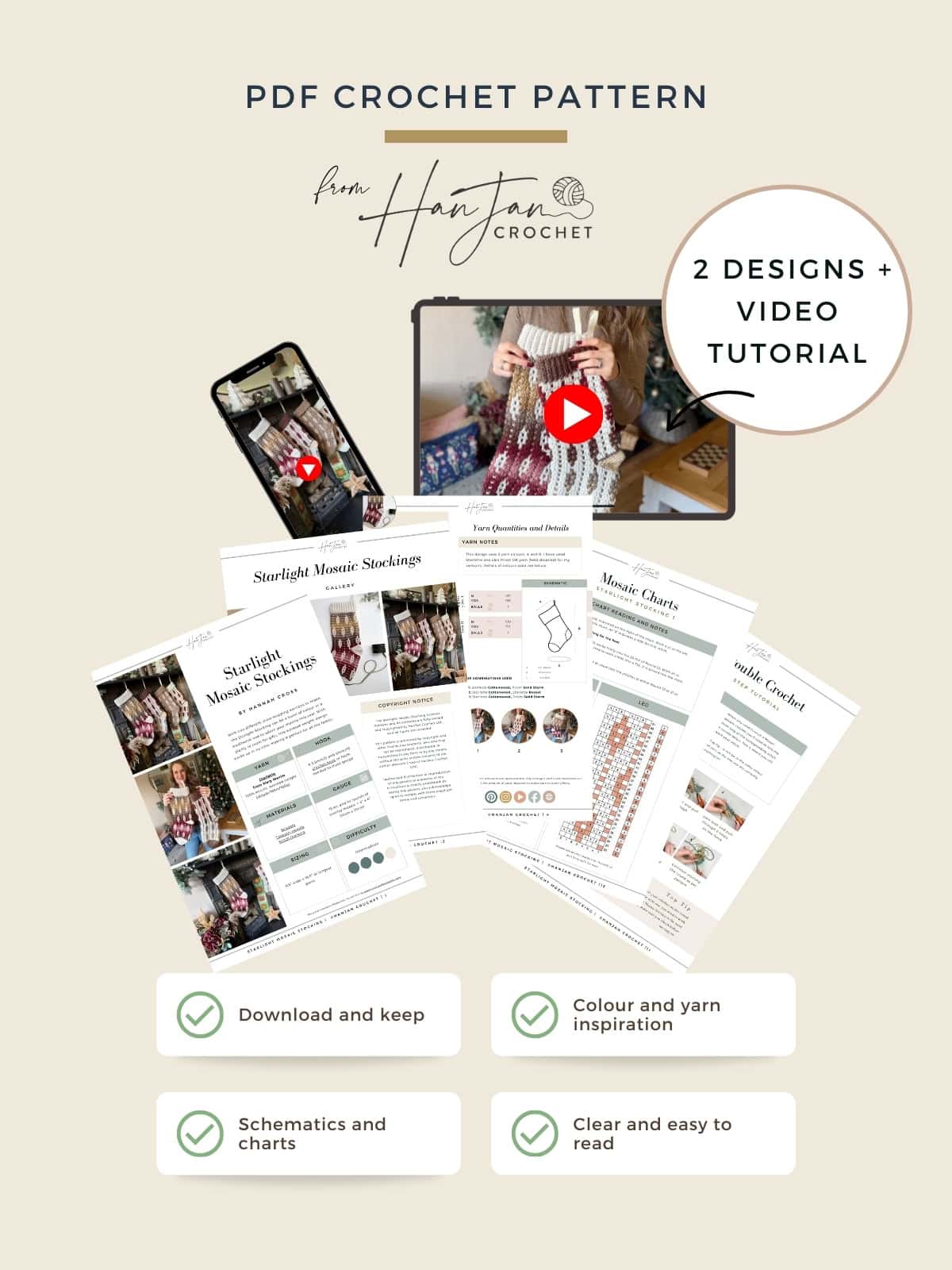 PDF crochet pattern promotional image showing design sheets, video tutorial preview, and feature icons for downloading, color inspiration, schematics, and clear instructions.