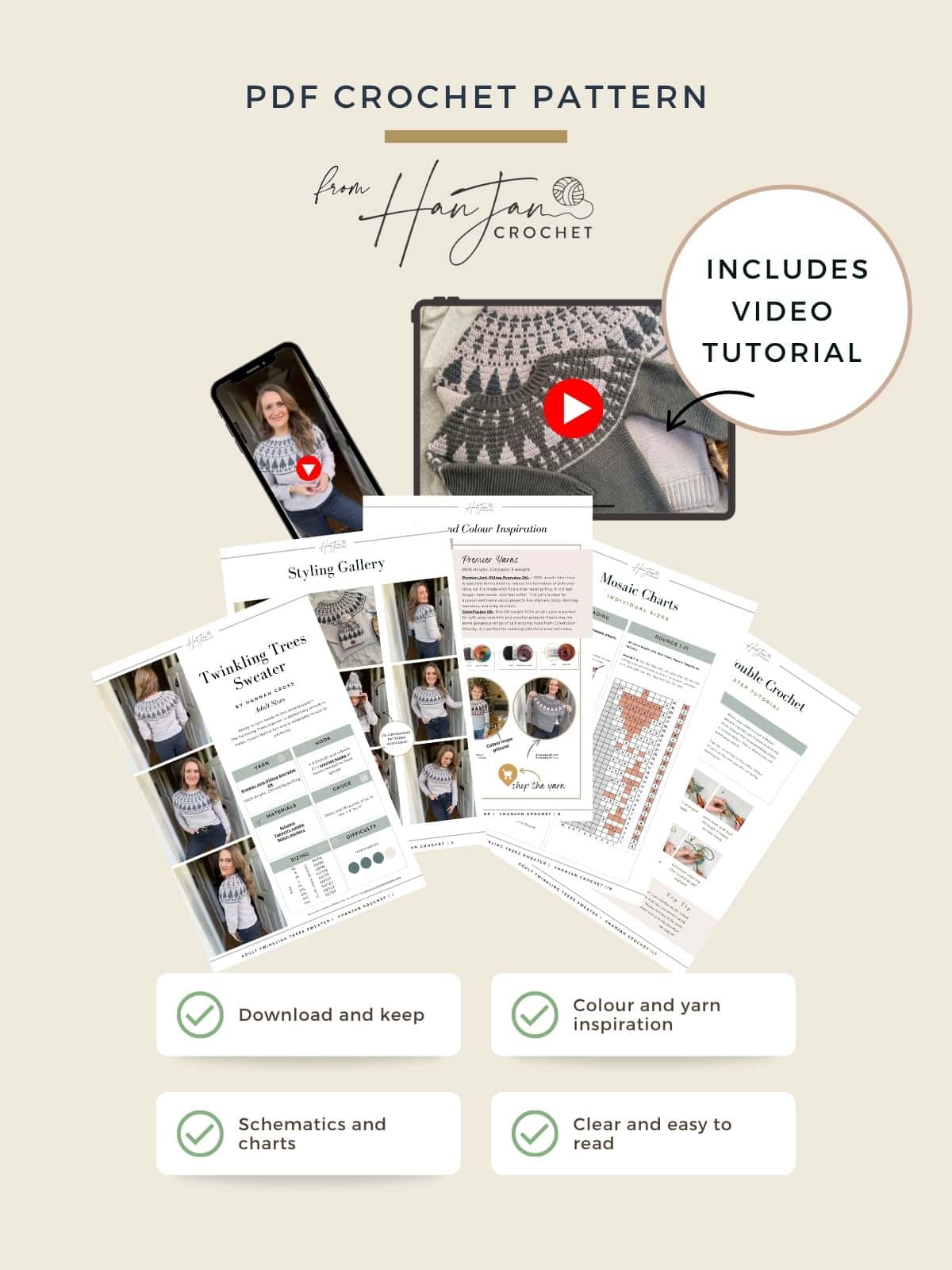PDF crochet pattern promotional image featuring crochet Christmas sweater pattern previews, a mobile phone displaying a festive garment, and icons highlighting download, color inspiration, charts, and easy reading.