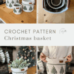 Collage of christmas crochet baskets in various sizes, featuring green tree patterns. Baskets are used for decor and storage, shown stacked, nested, and holding a plant.