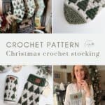 Collage showing green and white crochet Christmas stockings with tree patterns, made from a crochet stocking pattern, hung on a mantel, displayed individually, and held by a woman in a festive home setting.