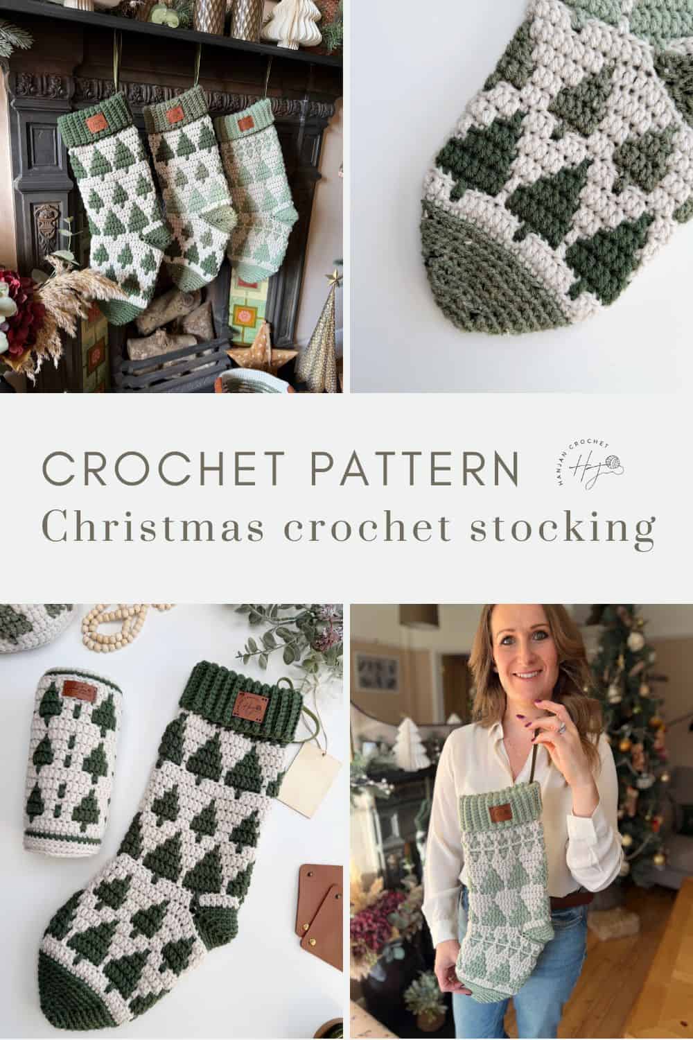 Collage showing green and white crochet Christmas stockings with tree patterns, made from a crochet stocking pattern, hung on a mantel, displayed individually, and held by a woman in a festive home setting.