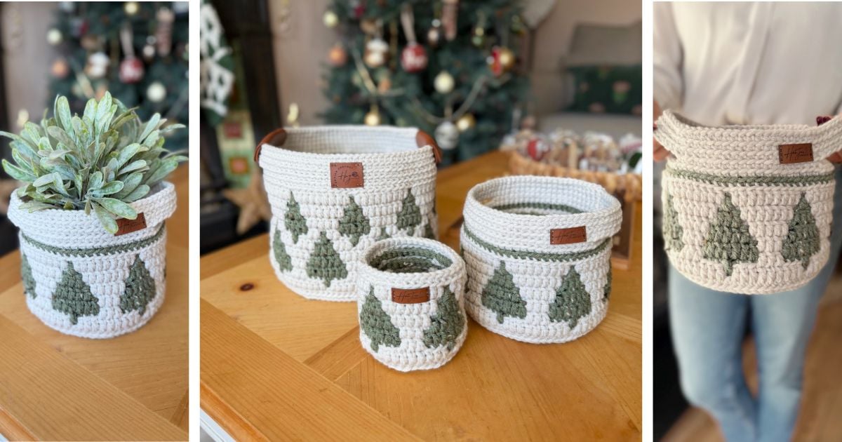 Three christmas crochet baskets with green tree patterns are displayed on a wooden table; one holds a plant and another is held by a person. A decorated Christmas tree adds festive charm in the background.