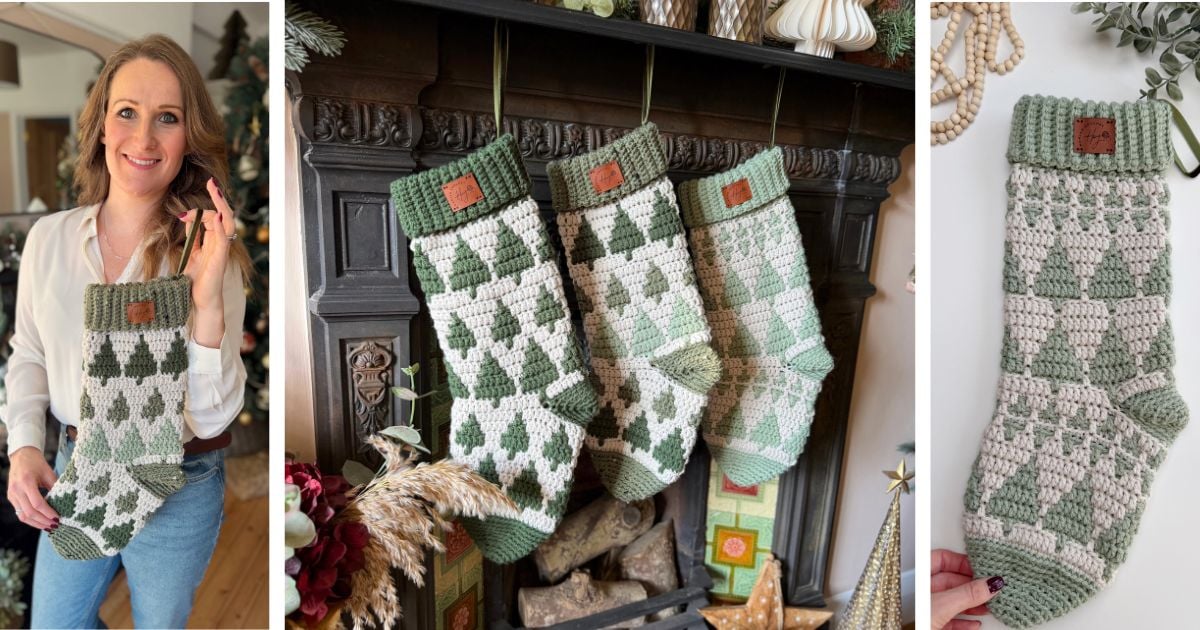 A woman holds a crocheted Christmas stocking with a green and white tree pattern—a beautiful example of a crochet stocking pattern; matching stockings hang on the fireplace.