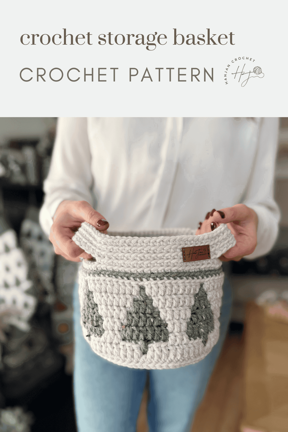 A person holds a handmade christmas crochet basket with a green tree pattern; text above reads "crochet storage basket CROCHET PATTERN.