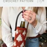 A person holds a wine bottle in a red and white crochet wine bottle holder with a handle. The text reads "Crochet wine bottle holder crochet pattern.