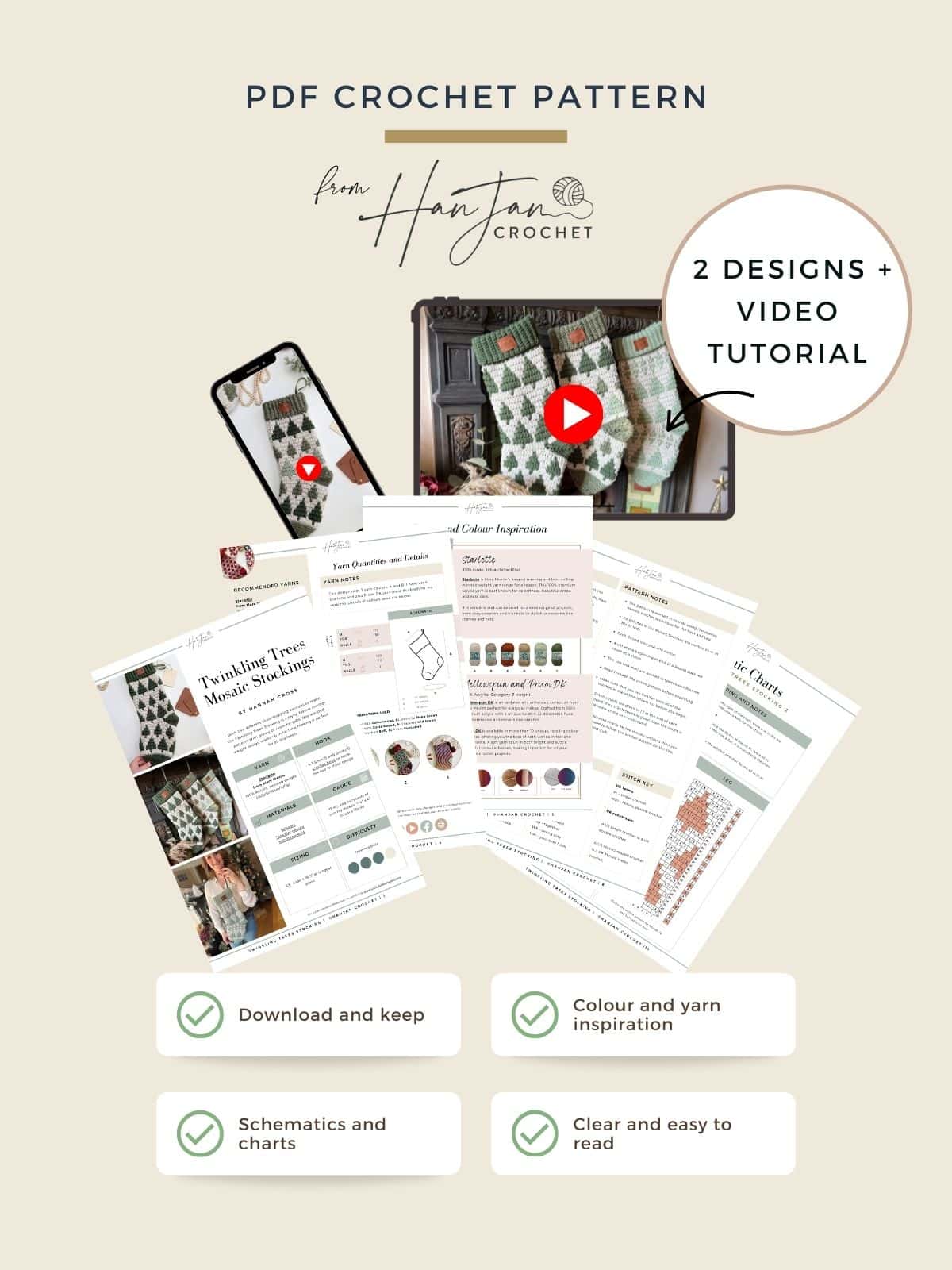 PDF crochet pattern bundle from HanJan Crochet featuring a crochet stocking pattern and sock designs, video tutorial, color inspiration, schematics, charts, and easy-to-read downloadable instructions.