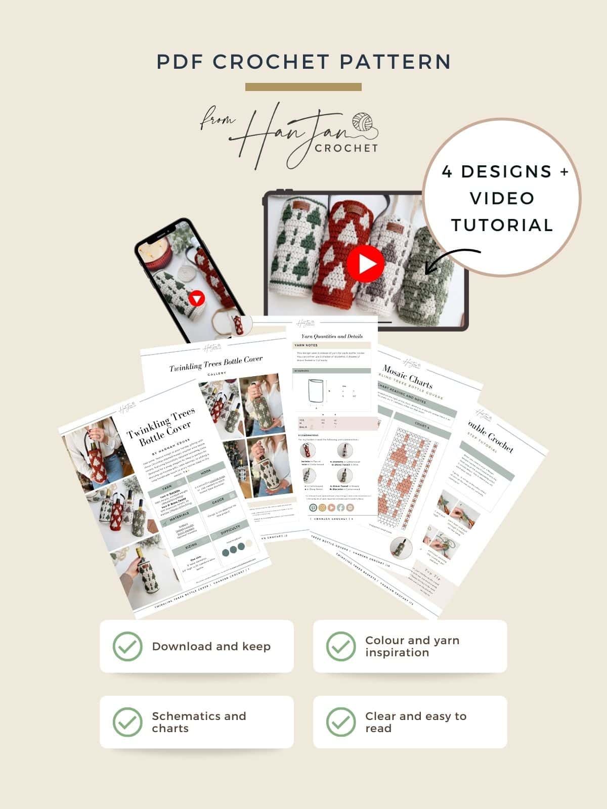 PDF crochet pattern promotional image featuring Christmas-themed designs, a phone with a crochet case, printable instructions, and icons for video tutorial, charts, easy guidance—plus a festive crochet wine bottle holder.
