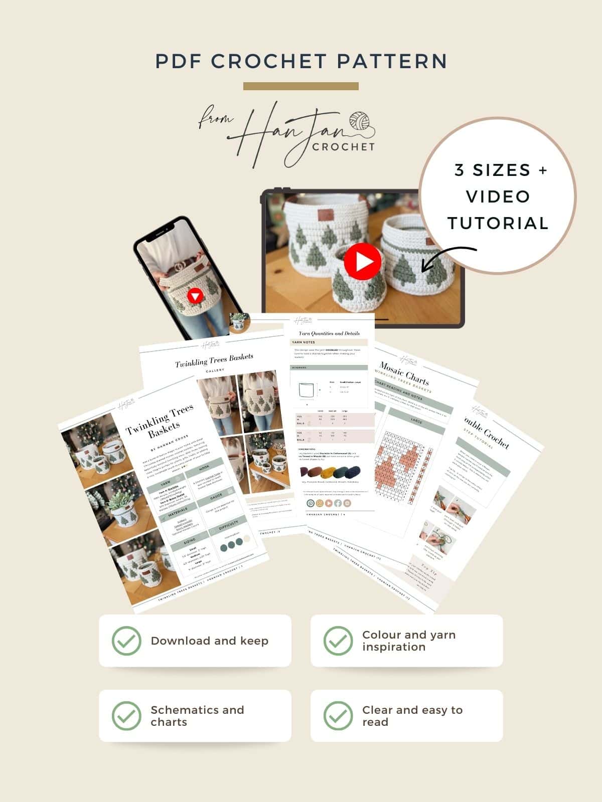 PDF crochet pattern promotional image featuring instructions, sample christmas crochet baskets, a phone with a video tutorial, and icons highlighting features like schematics, color inspiration, and accessibility.