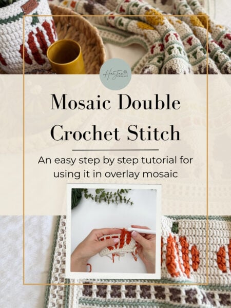 Hands crocheting with orange and white yarn; text overlay reads “Mosaic Double Crochet Stitch: An easy step by step tutorial for mastering the mosaic double crochet technique in overlay mosaic.”.