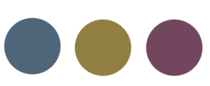 Three solid-colored circles are aligned horizontally&mdash;blue-gray on the left, mustard yellow in the center, and mauve on the right&mdash;set against a white background, offering inspiration for modern crochet colour schemes.