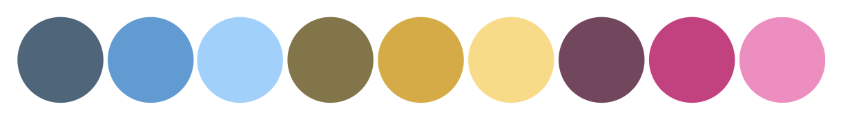 Ten solid-colored circles in a horizontal row, ranging from dark blue, blue, light blue, olive, gold, yellow, maroon, magenta to pink&mdash;perfect inspiration for crochet colour schemes.