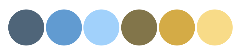 Six solid color circles in a row from left to right: dark blue, medium blue, light blue, olive green, mustard yellow, and light yellow&mdash;perfect inspiration for crochet colour schemes.