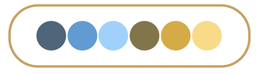 Six circles in a horizontal row display a color gradient from dark blue on the left to light yellow on the right, within a rounded rectangular border&mdash;perfect inspiration for crochet colour schemes.