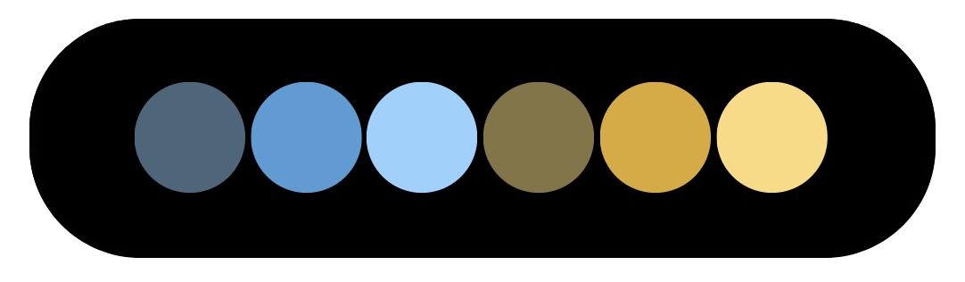 Six evenly spaced circles in shades of blue, green, and yellow are arranged in a row on a black rounded rectangle background, evoking popular crochet colour schemes.