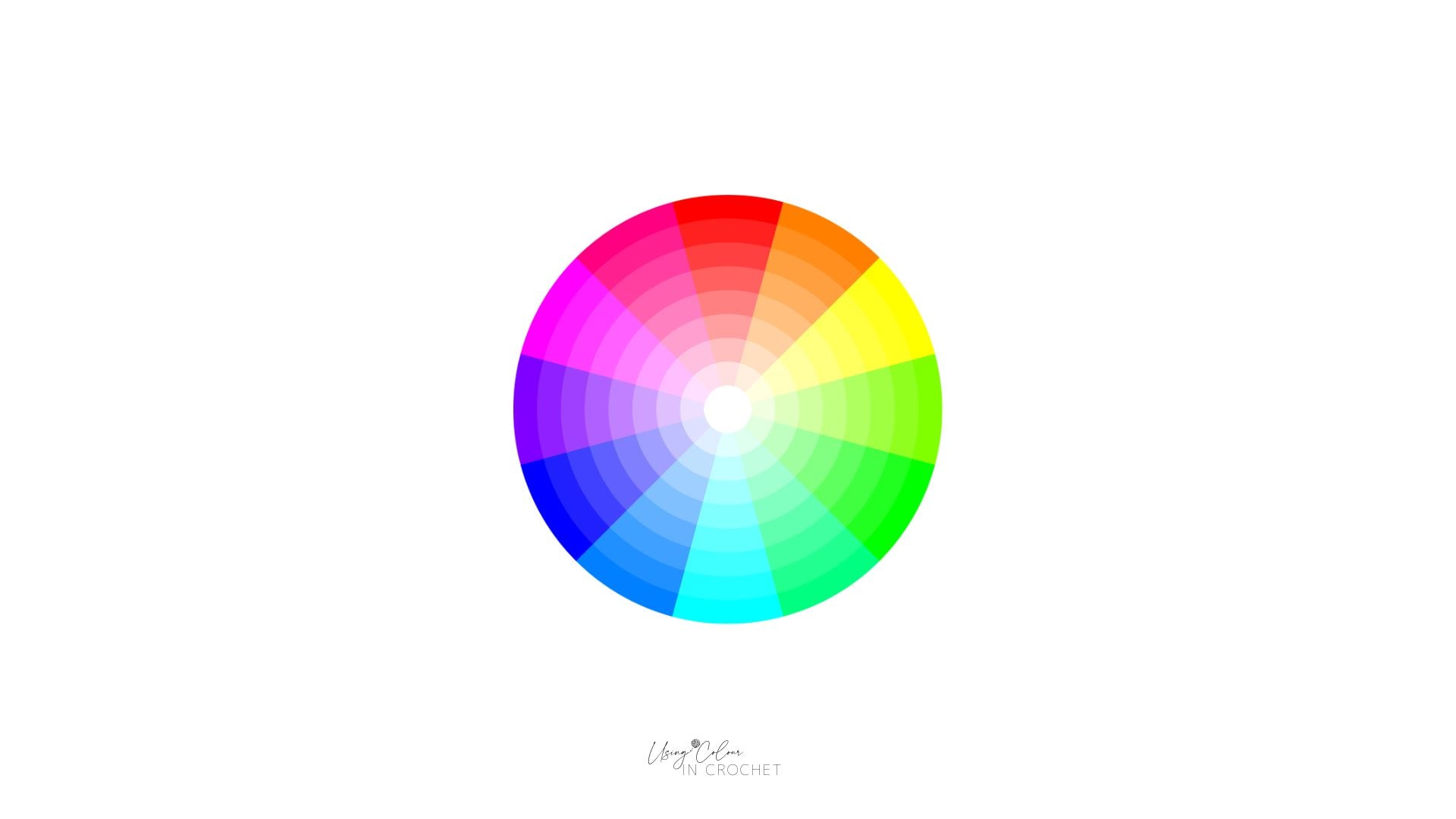 A crochet colour wheel showing a gradient spectrum of colors arranged in a circle, transitioning smoothly between red, orange, yellow, green, blue, and purple.