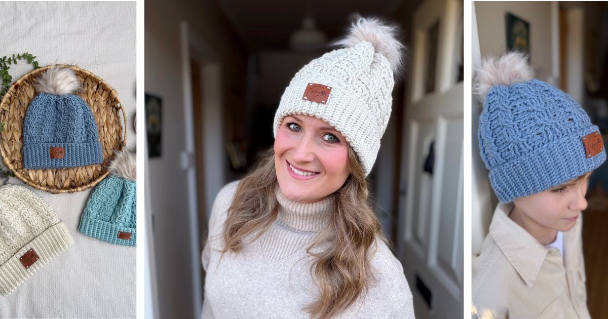 A woman wearing a white crochet hat with a pom-pom stands in a hallway. Nearby images show blue and cream crochet cable hats with pom-poms, displayed and worn by a child—perfect inspiration for your next free crochet cable hat pattern.