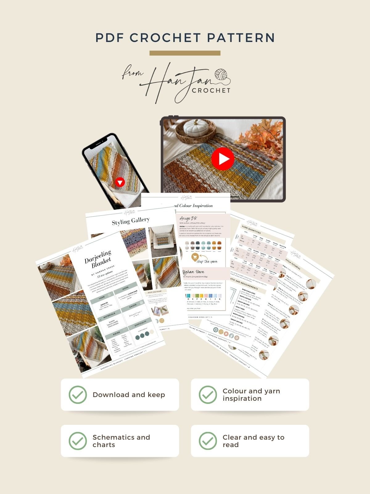 PDF crochet pattern advertisement featuring a phone, a laptop, and multiple pattern pages, with icons highlighting downloadable, illustrated, colorful, and easy-to-read features—perfect for creating your next lacy crochet blanket pattern.