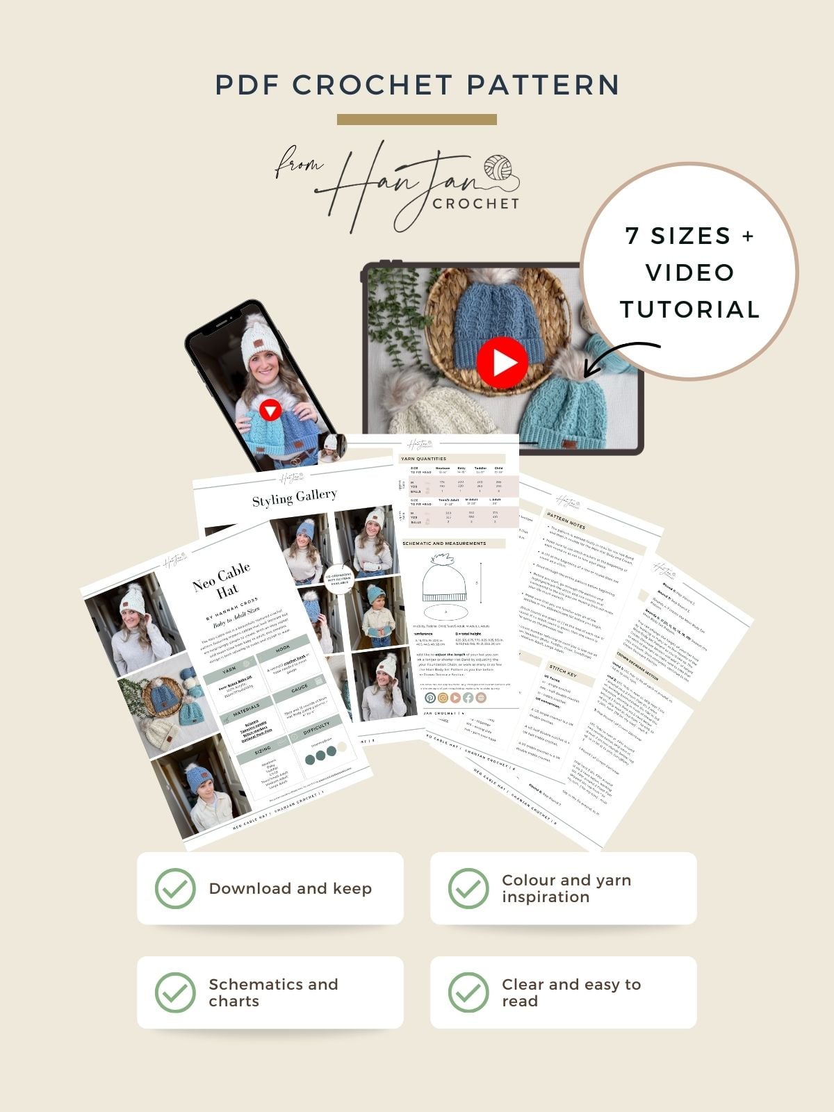 Promotional image for a free crochet cable hat pattern PDF, featuring pattern pages, a mobile device with the finished hat, video play icons, and checklists highlighting step-by-step video tutorial, multiple sizes, and easy-to-read charts.