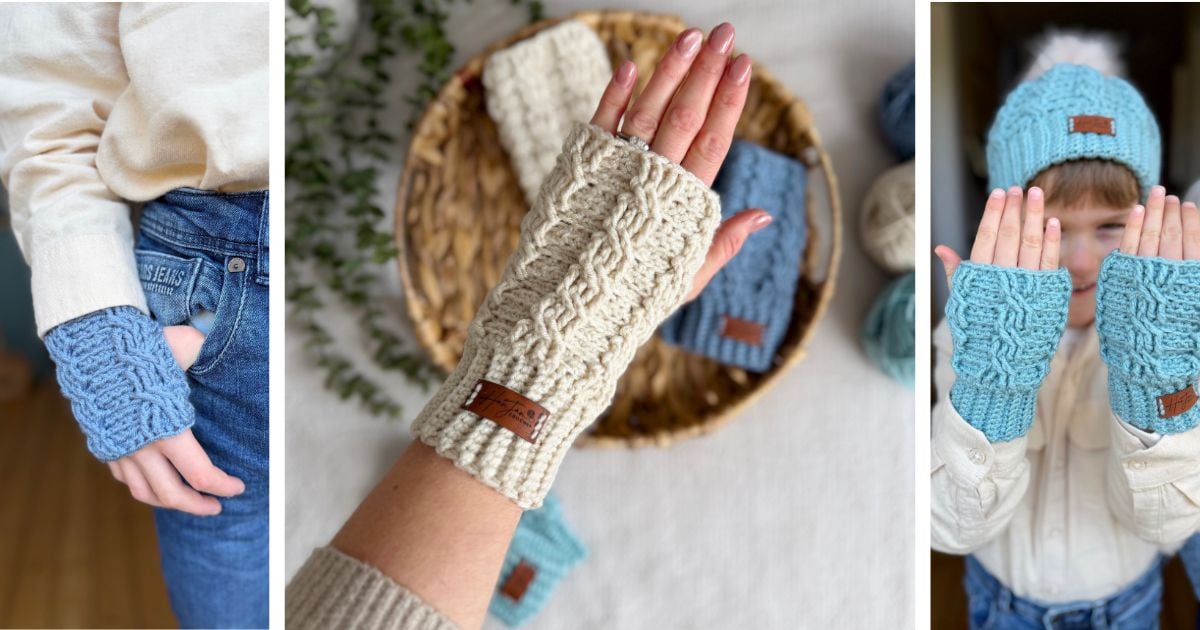 Three images showing crocheted fingerless gloves in cream and blue, worn by people and displayed in a basket—perfect inspiration if you're searching for a crochet wrist warmers free pattern.