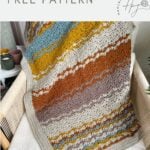 A multicolored lacy crochet blanket pattern draped over a chair, with the text "lace crochet blanket FREE PATTERN" and a logo in the corner.