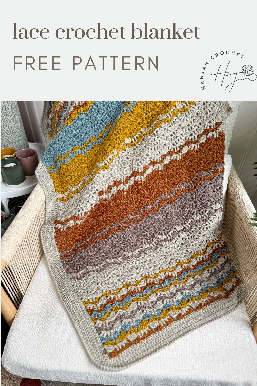 A multicolored lacy crochet blanket pattern draped over a chair, with the text "lace crochet blanket FREE PATTERN" and a logo in the corner.