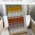 A colorful, lacy crochet blanket pattern with a striped, textured design is draped over a beige chair; text above reads “modern crochet blanket FREE PATTERN.”.