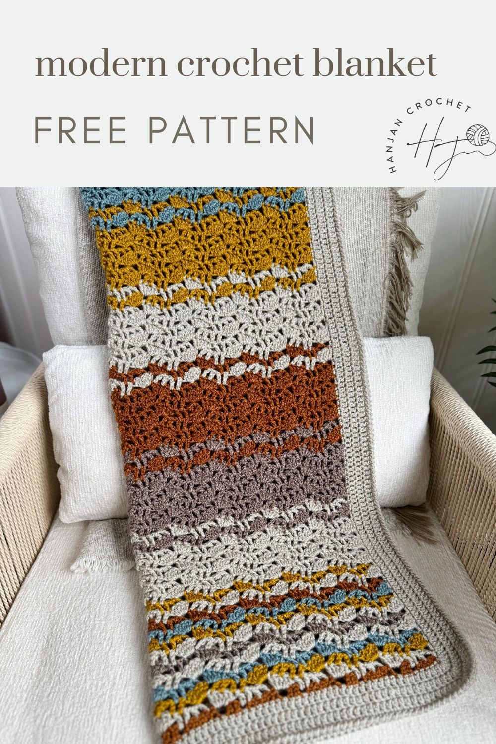 A colorful, lacy crochet blanket pattern with a striped, textured design is draped over a beige chair; text above reads “modern crochet blanket FREE PATTERN.”.