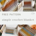 A multicolored crochet blanket with stripes in blue, yellow, rust, and beige is displayed draped over a chair and folded on a seat, featuring "Free Pattern: simple lacy crochet blanket pattern" text.