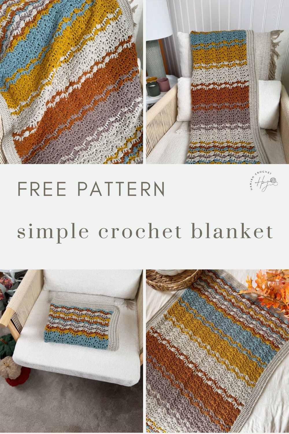 A multicolored crochet blanket with stripes in blue, yellow, rust, and beige is displayed draped over a chair and folded on a seat, featuring "Free Pattern: simple lacy crochet blanket pattern" text.