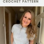 A woman wearing a light gray round yoke crochet sweater stands indoors, smiling at the camera. Text above reads "round yoke sweater CROCHET PATTERN.