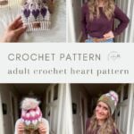 Collage featuring a woman modeling crocheted beanies with heart patterns, close-ups of the hats, and text reading "Free Crochet Heart Hat Pattern: adult crochet heart pattern.