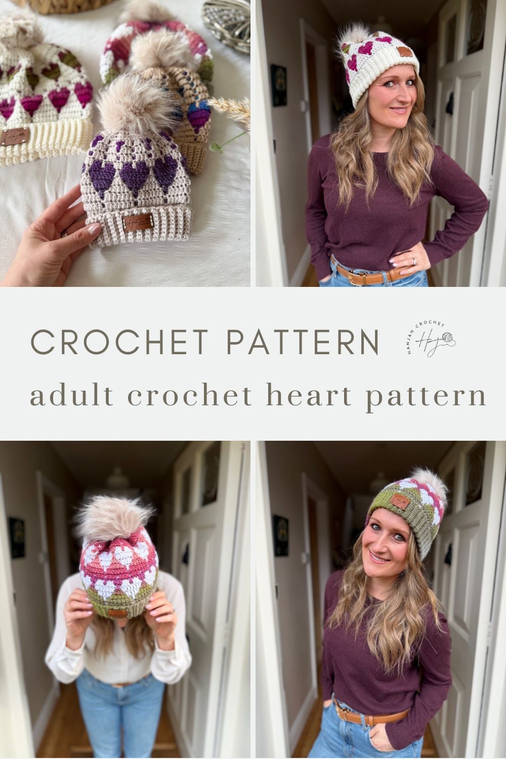 Collage featuring a woman modeling crocheted beanies with heart patterns, close-ups of the hats, and text reading "Free Crochet Heart Hat Pattern: adult crochet heart pattern.