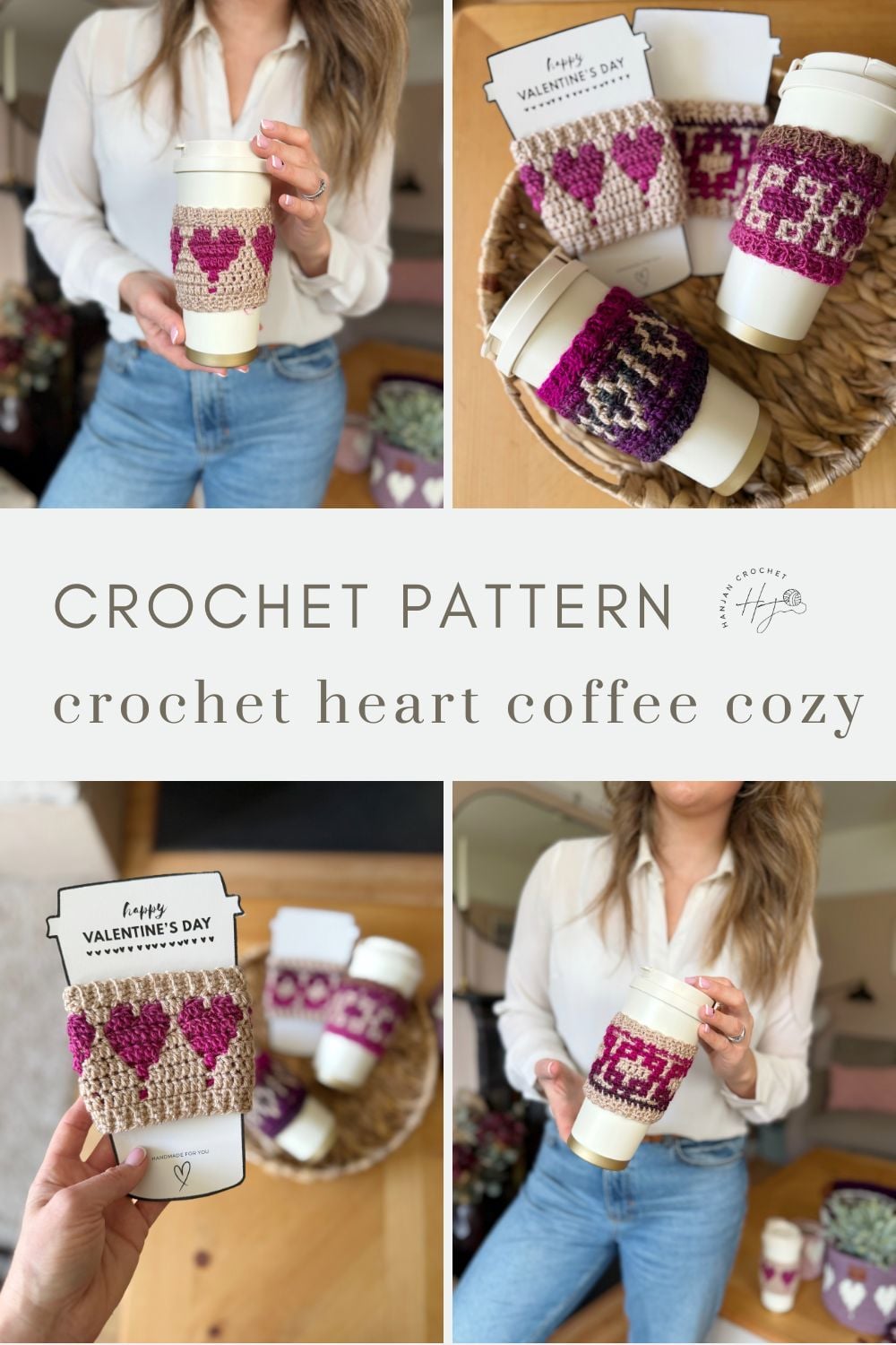 Collage showing a crochet coffee cozy with heart designs in pink and purple, held by a woman and displayed on takeaway coffee cups. Text reads "Crochet Heart Coffee Cozy.