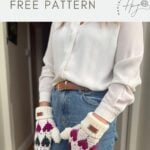 A person in blue jeans and a white shirt models crochet heart mittens—white with pink, red, and black heart patterns. Text reads "crochet heart gloves FREE PATTERN".
