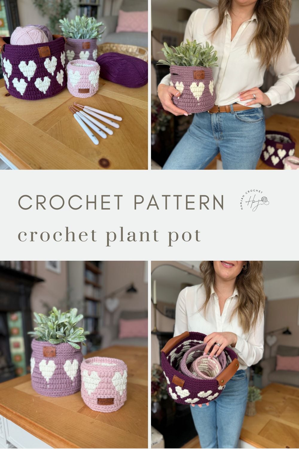 Collage of photos showing crochet plant pots with heart patterns, yarn, and crochet hooks, plus a woman holding finished pots in a home setting. Features the charming crochet heart basket pattern in everyday use.