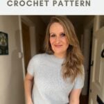 Woman wearing a light gray short-sleeve crochet top, standing indoors. Text above reads "single crochet top CROCHET PATTERN.