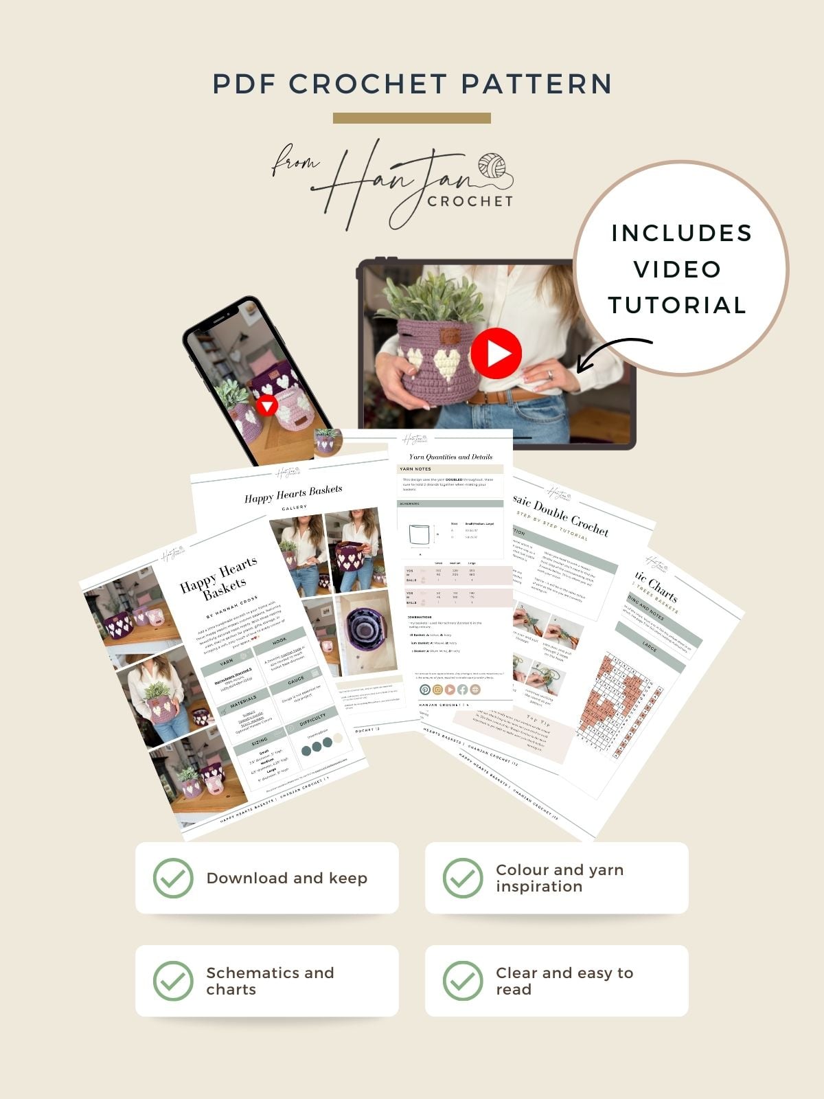 PDF crochet heart basket pattern promotional image featuring printouts, a phone and tablet displaying baskets, plus icons for video tutorial, schematics, color inspiration, and ease of use.