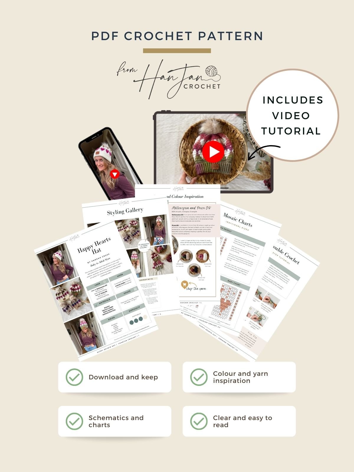 PDF crochet pattern promotional image showing printed instruction pages, a phone, and a tablet with video play icons&mdash;plus highlights like a Free Crochet Heart Hat Pattern, video tutorial access, and easy-to-follow charts for all skill levels.
