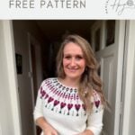 A woman stands in a doorway wearing a white crochet sweater with a red and purple mosaic pattern, accompanied by text offering a free mosaic crochet sweater pattern.